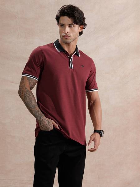 WROGN Solid Men Polo Neck Maroon T-Shirt