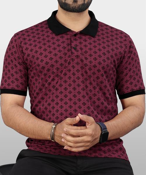 VeBNoR Printed Men Polo Neck Maroon T-Shirt