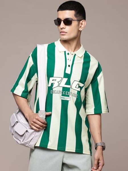 Roadster Striped Men Polo Neck Green T-Shirt
