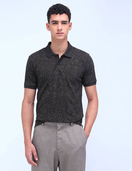 FLYING MACHINE Printed Men Polo Neck Grey T-Shirt
