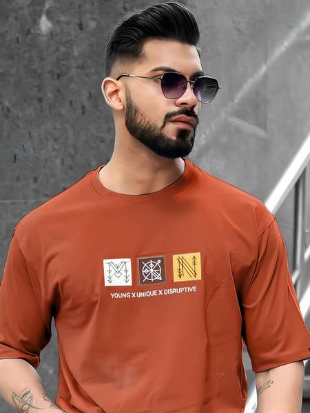 MANIAC Printed Men Round Neck Orange T-Shirt