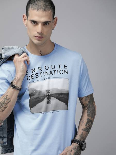 Roadster Printed, Typography Men Round Neck Blue T-Shirt