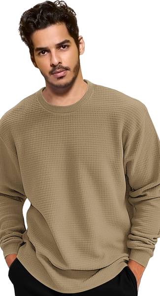 NOOK Self Design Men Round Neck Beige T-Shirt