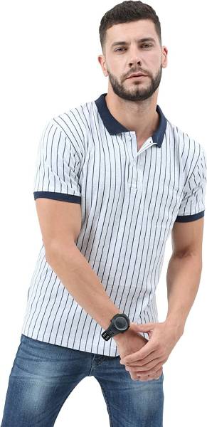 fanideaz Striped Men Polo Neck White, Blue T-Shirt