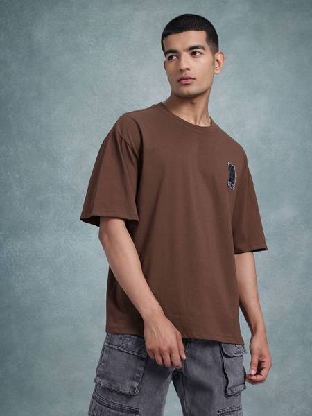 Roadster Printed Men Round Neck Brown T-Shirt