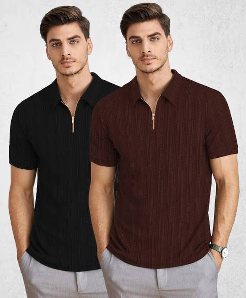 KAJARU Self Design Men Polo Neck Brown, Black T-Shirt