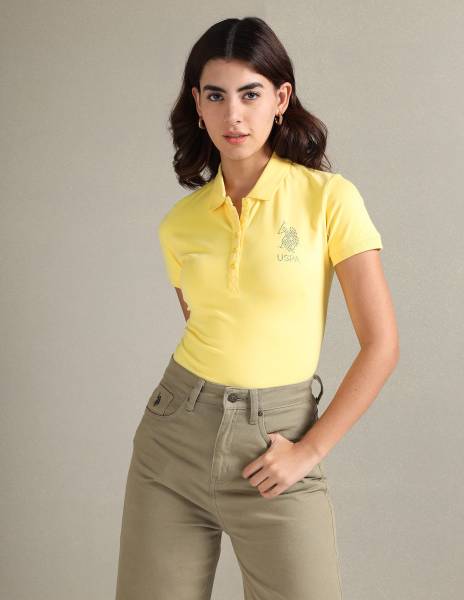 U.S. POLO ASSN. Solid Women Polo Neck Yellow T-Shirt