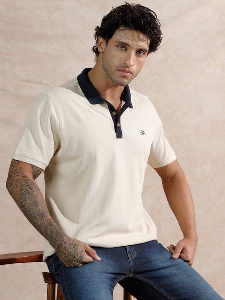 WROGN Solid Men Polo Neck Beige T-Shirt