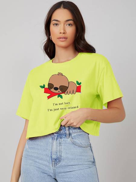 KOTTY Printed, Typography Women Round Neck Yellow T-Shirt