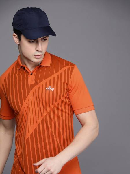 WROGN ACTIVE Striped Men Polo Neck Orange T-Shirt