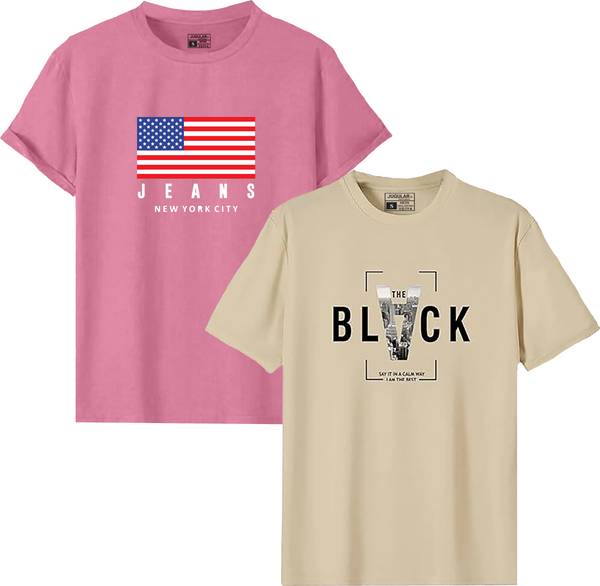 JUGULAR Printed Men Round Neck Pink, Beige T-Shirt