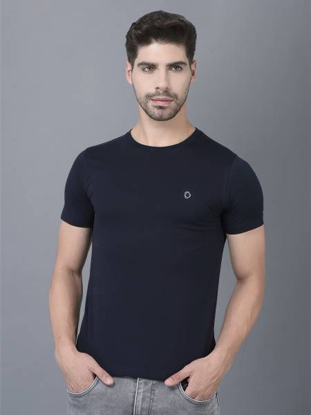 Dollar Solid Men Crew Neck Navy Blue T-Shirt