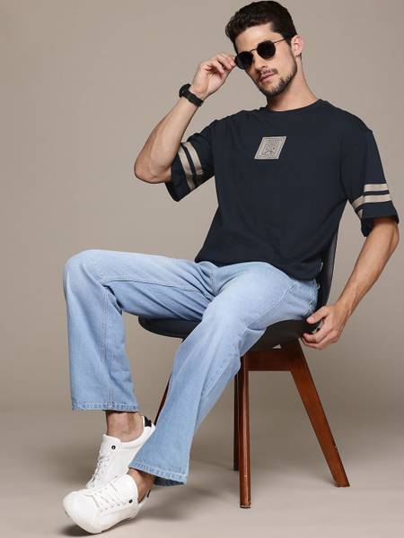 Roadster Printed Men Round Neck Blue T-Shirt