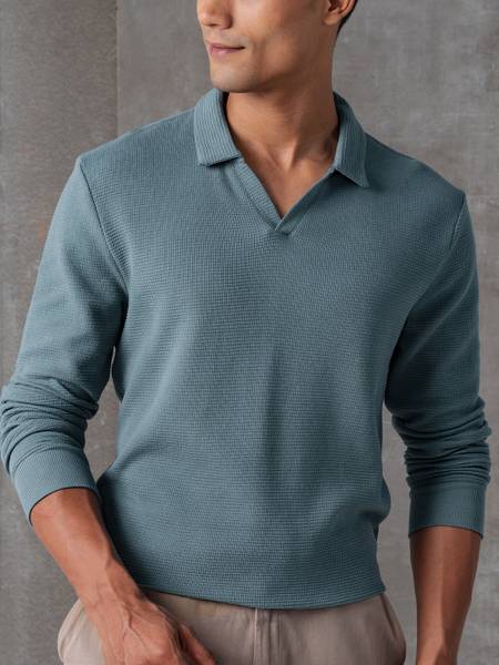 Damensch Self Design Men Polo Neck Green T-Shirt