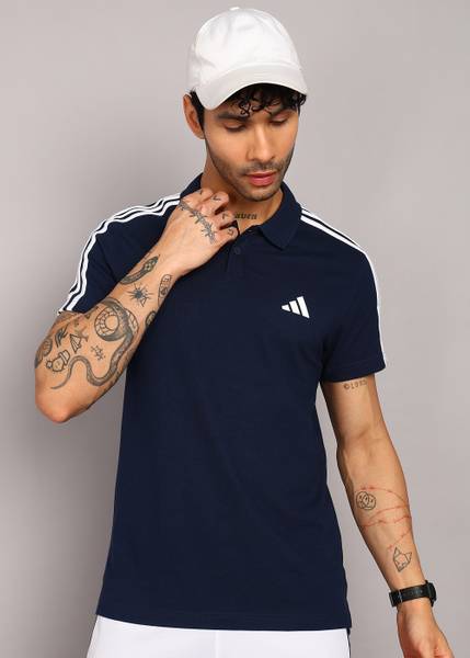 ADIDAS Solid Men Polo Neck Blue T-Shirt