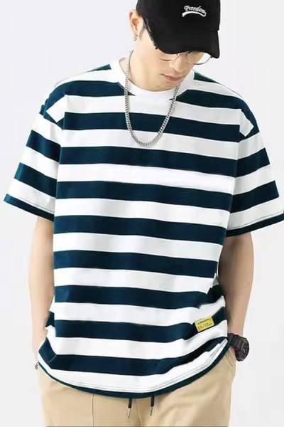 Lauren Adams Striped Men Round Neck White, Navy Blue T-Shirt
