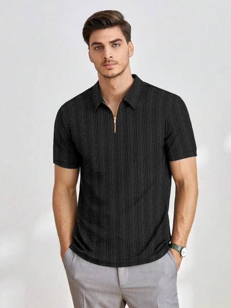 COMBRAIDED Self Design Men Zip Neck Black T-Shirt