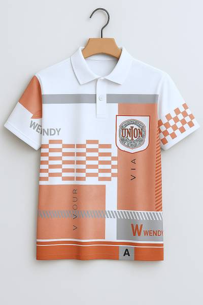 Try This Checkered Men Zip Neck White, Orange T-Shirt