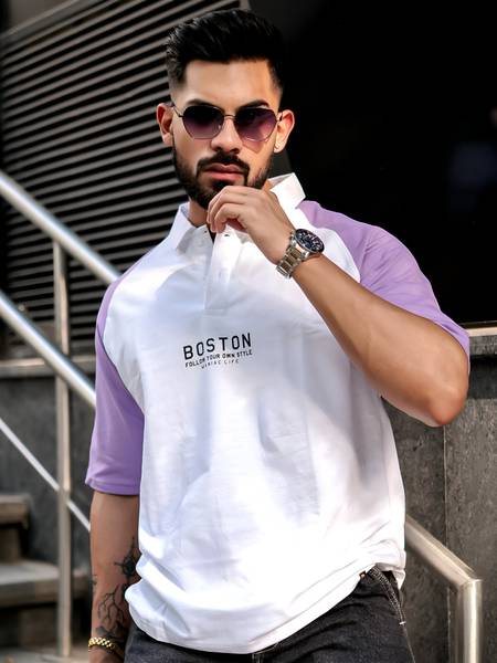 MANIAC Printed Men Polo Neck Purple, White T-Shirt