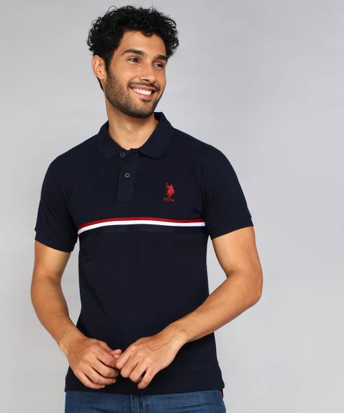 U.S. POLO ASSN. Striped Men Polo Neck Blue T-Shirt