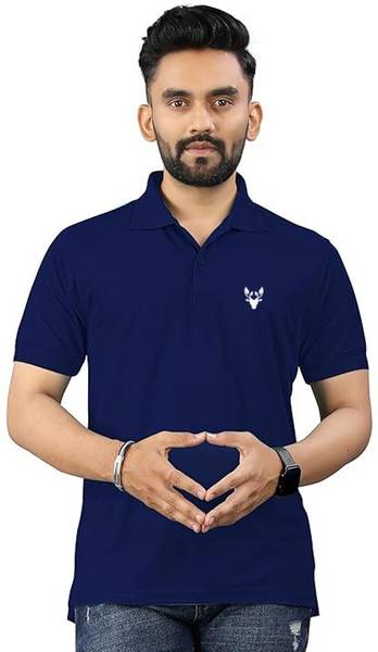 JH MART Solid Men Polo Neck Navy Blue T-Shirt