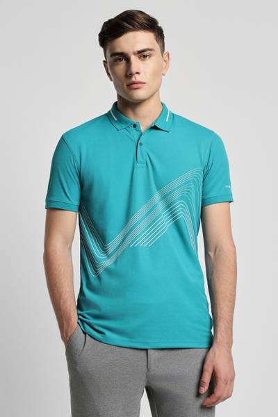 PETER ENGLAND Printed Men Polo Neck Blue T-Shirt