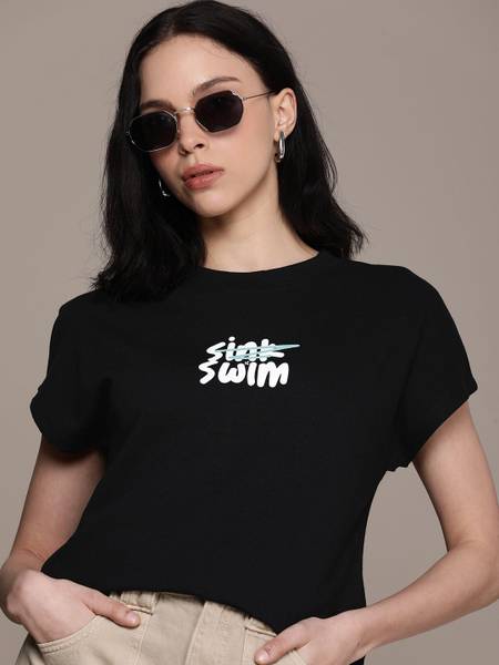 Roadster Printed Women Round Neck Black T-Shirt