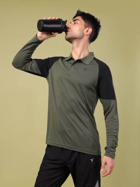 TECHNOSPORT Colorblock Men Polo Neck Green T-Shirt