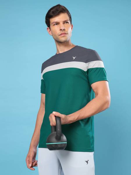 TECHNOSPORT Striped Men Round Neck Green T-Shirt