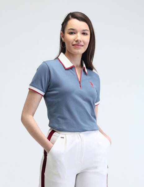 U.S. POLO ASSN. Solid Women Polo Neck Blue T-Shirt