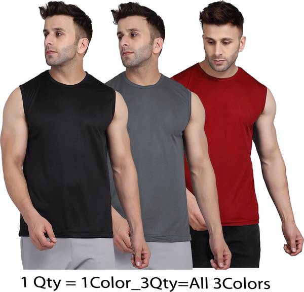 UDI n ADI Solid Men Round Neck Black, Grey, Maroon T-Shirt