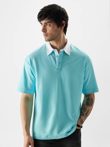The Souled Store Solid Men Polo Neck Blue T-Shirt