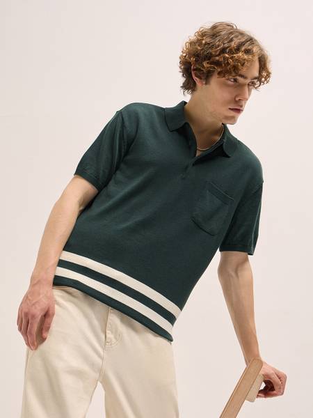 THE BEAR HOUSE Striped Men Polo Neck Green T-Shirt