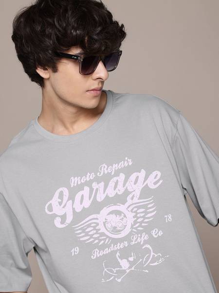 Roadster Printed Men Round Neck Grey T-Shirt