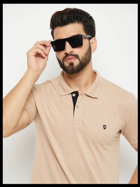 METRONAUT Solid Men Polo Neck Beige T-Shirt