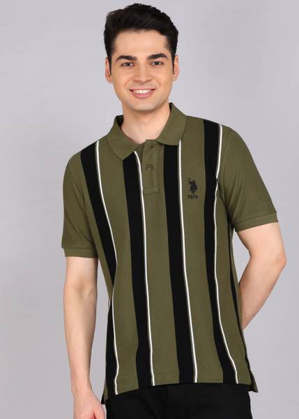 U.S. POLO ASSN. Striped Men Polo Neck Light Green T-Shirt