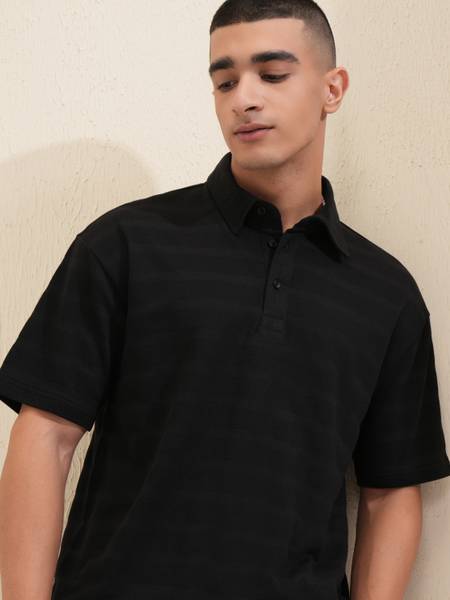 HIGHLANDER Self Design Men Polo Neck Black T-Shirt