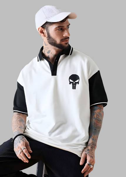 Dattebayo Self Design Men Polo Neck White, Black T-Shirt