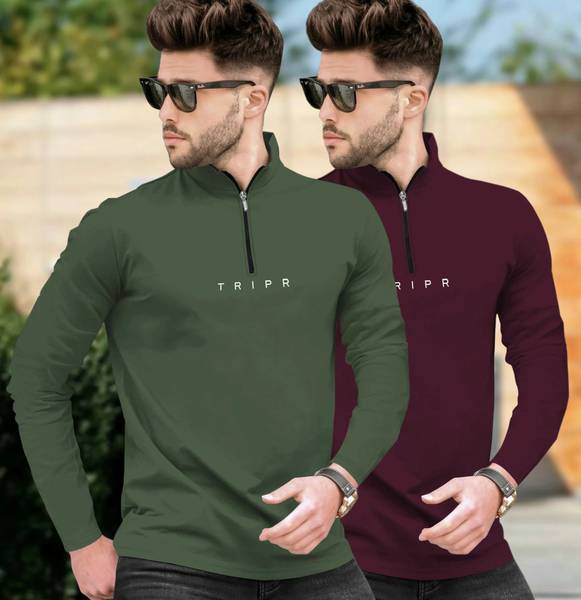 TRIPR Solid Men Henley Neck Dark Green, Maroon T-Shirt