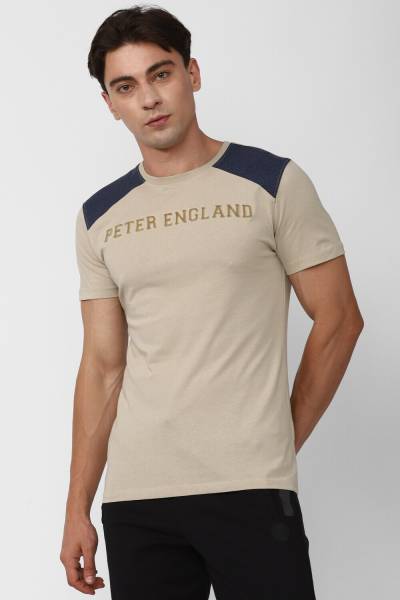 PETER ENGLAND Printed Men Round Neck Beige T-Shirt
