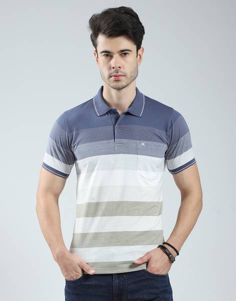 MONTE CARLO Striped Men Polo Neck Blue T-Shirt