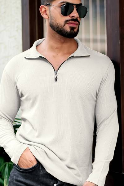 INDICLUB Self Design Men Polo Neck White T-Shirt