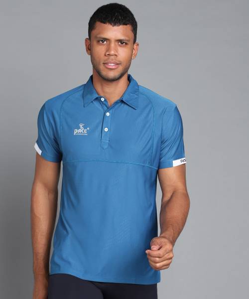 Pace International Solid Men Polo Neck Blue T-Shirt