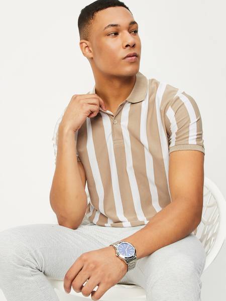 MAX Striped Men Polo Neck Beige T-Shirt