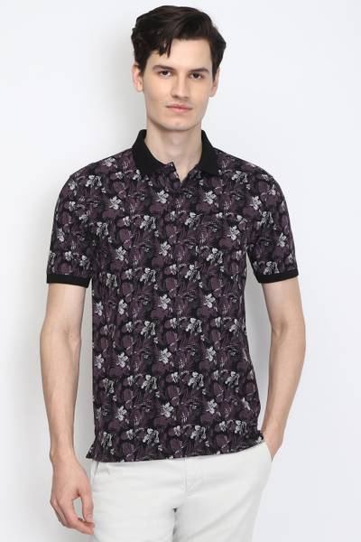 PETER ENGLAND Printed Men Polo Neck Black T-Shirt