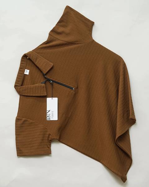 N AND J Solid, Self Design Men Zip Neck Brown T-Shirt