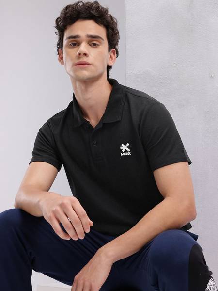 HRX by Hrithik Roshan Solid Men Polo Neck Black T-Shirt
