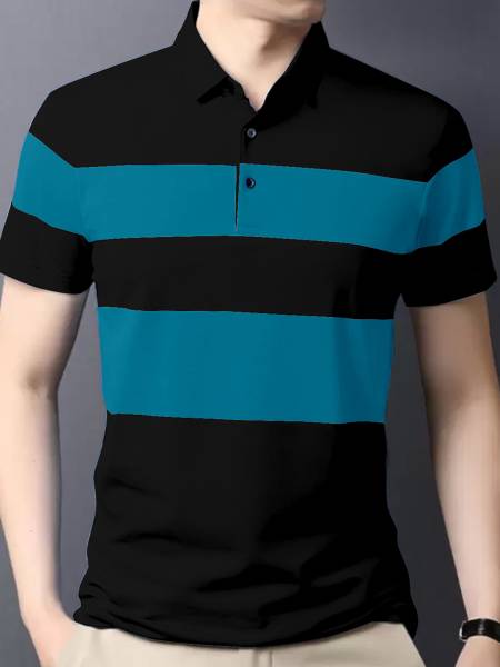 AUSK Striped Men Polo Neck Black, Dark Blue T-Shirt