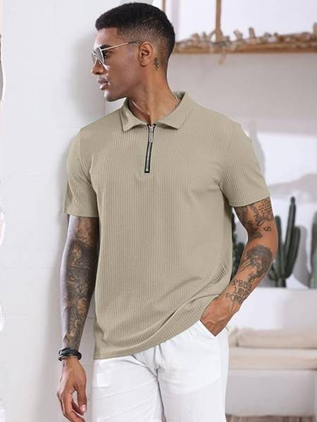 Madfrog Solid Men Zip Neck Grey T-Shirt