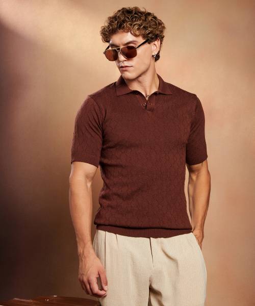 CAMPUS SUTRA Solid Men Polo Neck Brown T-Shirt